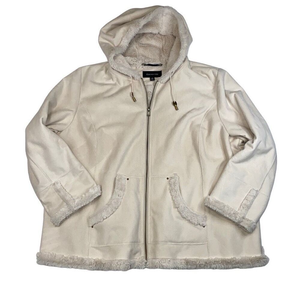 Jones New York Jacket Coat Zip Up Hooded Faux Suede Faux Fur Cream 3XL SO SOFT